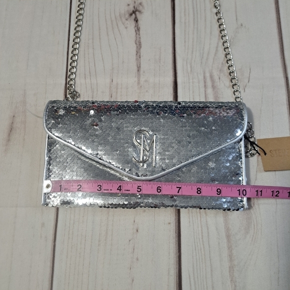 STEVE MADDEN BGLAMY Sequin Clutch Silver Shoulder Crossbody Bag Party - Picture 3 of 12